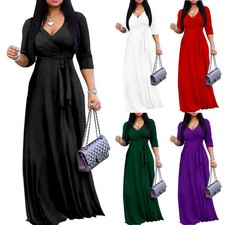 Womens Casual Plus Size V-Neck Long Maxi Wrap Dresses Sundress 3/4 Sleeve Dress