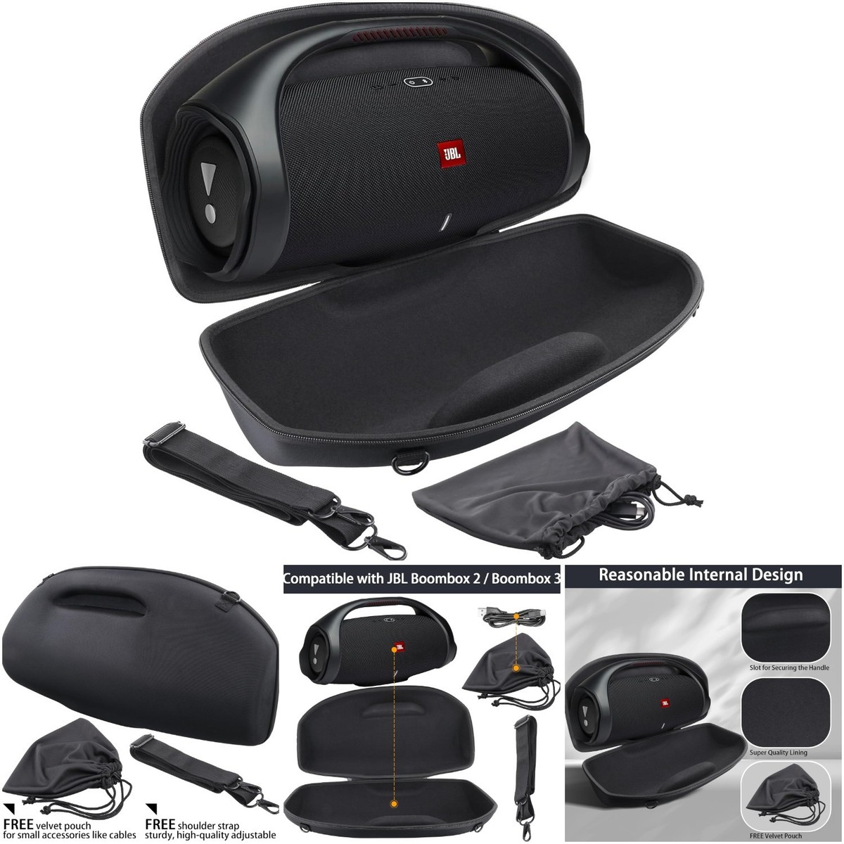 All Black Hard Travel Case for JBL Boombox 2/3 Portable Bluetooth