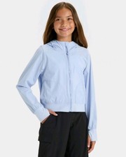 NWT All in Motion sz L 10/12 Sky Blue Girls Woven Hooded Jacket Thumb holes