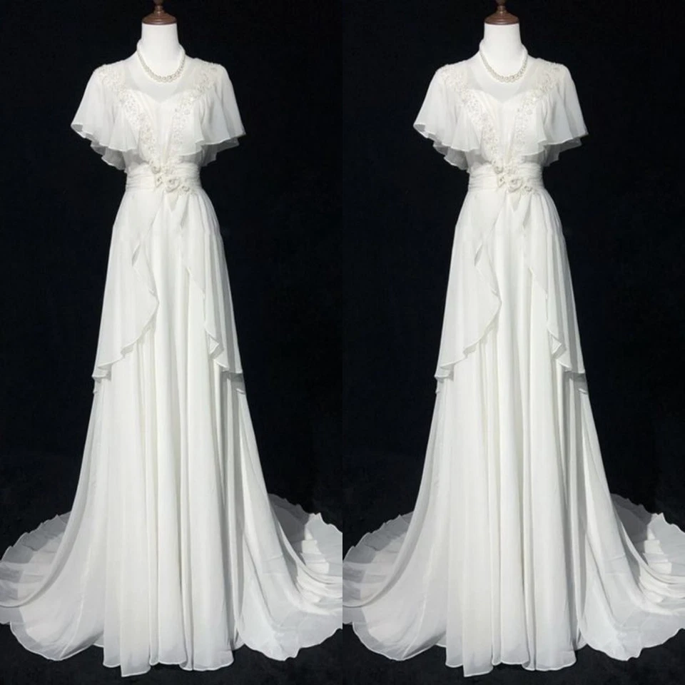 Chiffon Wedding Dresses White A Line Vintage 1950s Short Sleeves Ball Gowns - Image 3 of 4