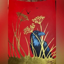 Raven Original painting crow art New surreal modern bird nature decor Artettina