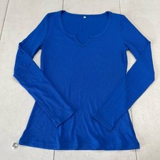 Solid Blue Ribbed Basic V Neck Long Sleeve T Shirt Women's Size Large