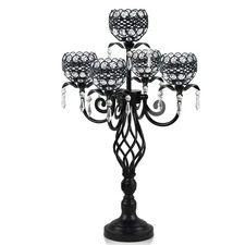 Elegant 5-Head Candelabra Centerpiece with Crystal Pendants - 23 Inch Tall Ta...