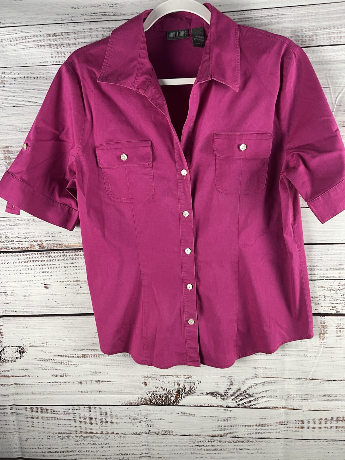 ADDITIONS by Chico's button down shirt  Sz 2 Purple Cotton blouse 1/2 Sleeves