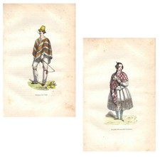 Stampe antiche CILE uomo donna abiti tradizionali 2 fogli 1848 Antique prints