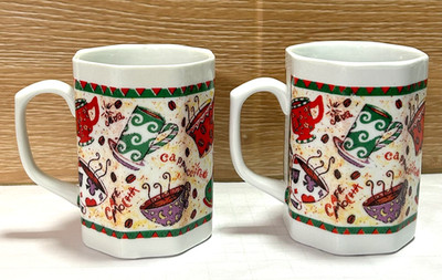 Vintage Faceted Ceramic Coffee Mugs Floating Beans & Hand Written Coffee Drinks.