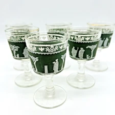 Vintage Jeanette Hellenic Green Jasperware Cordial Cocktail Glasses Set of 6 3oz