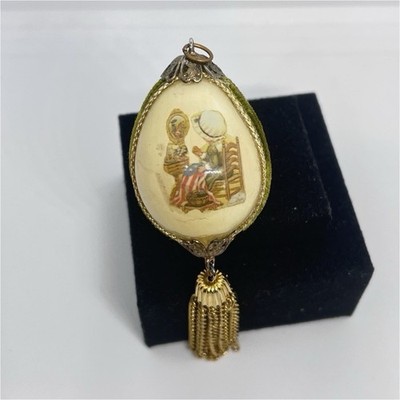 Oval Egg Shaped Pendant with Tassel Dangle Gold Tone Metal Ivory Accent w/ flag