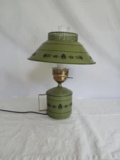 Vintage Toleware 16.5" Metal Avocado Green Table Hurricane Lamp with Shade EUC!!