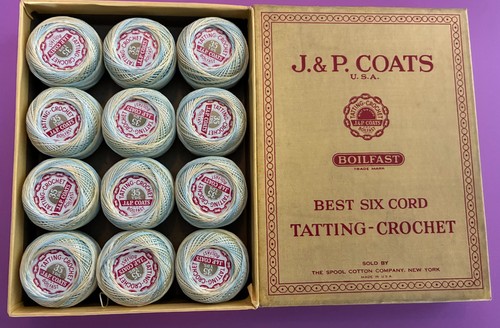Vintage J&P. Coats Tatting Thread Original Box 12-35 yd.Balls#170 Yellow & Blue