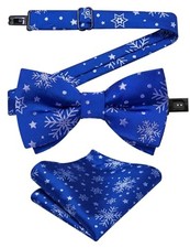 Boys Christmas Bowtie Set Silk Xmas Holiday Pre-tied Blue and White Snowflake