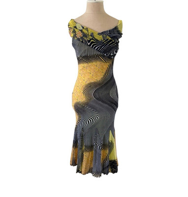 Vintage Roberto Cavalli Mesh Bodycon Midi Dress S Yellow Black Animal print