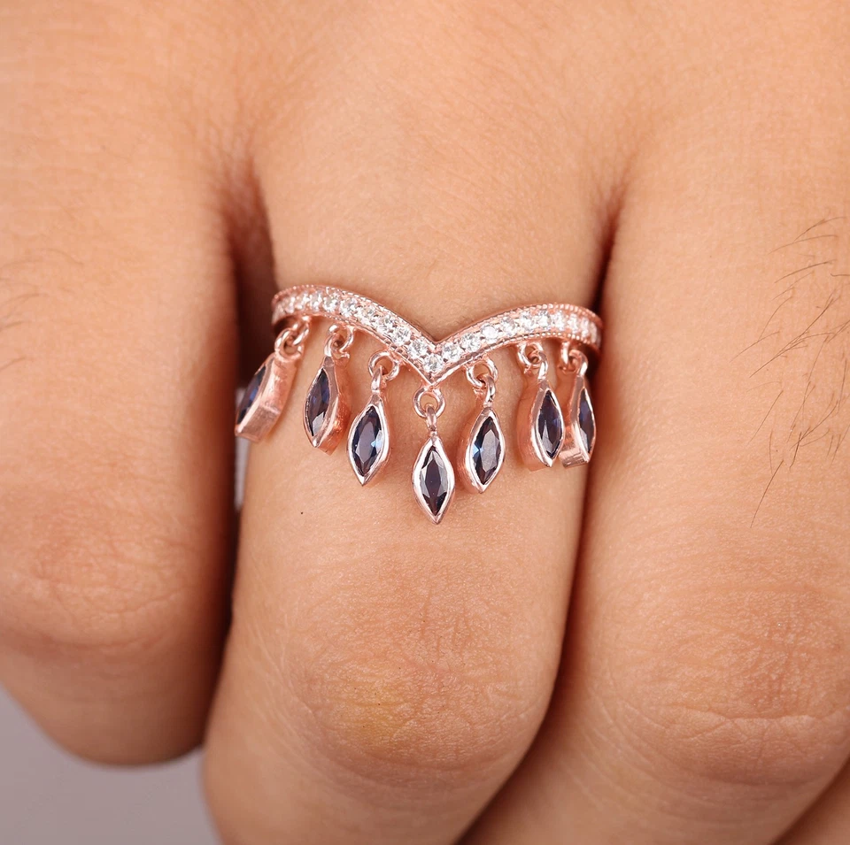 Marquise Shape Blue Sapphire Dangle Drop Ring, Moissanite Curved Stackable Ring - image 4 of 4