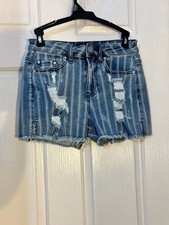 Indigo Rein Striped Distressed Denim Cut-Off Shorts 24