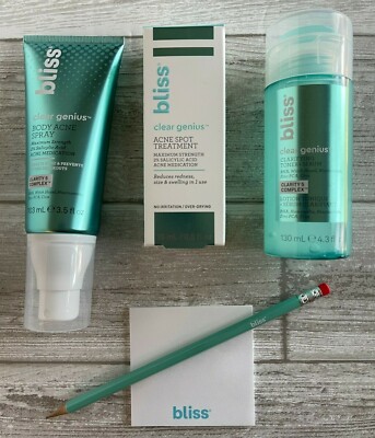 Bliss Clear Genius Set NEW Clarifying Toner/Serum Acne Spot Treatment Body Spray