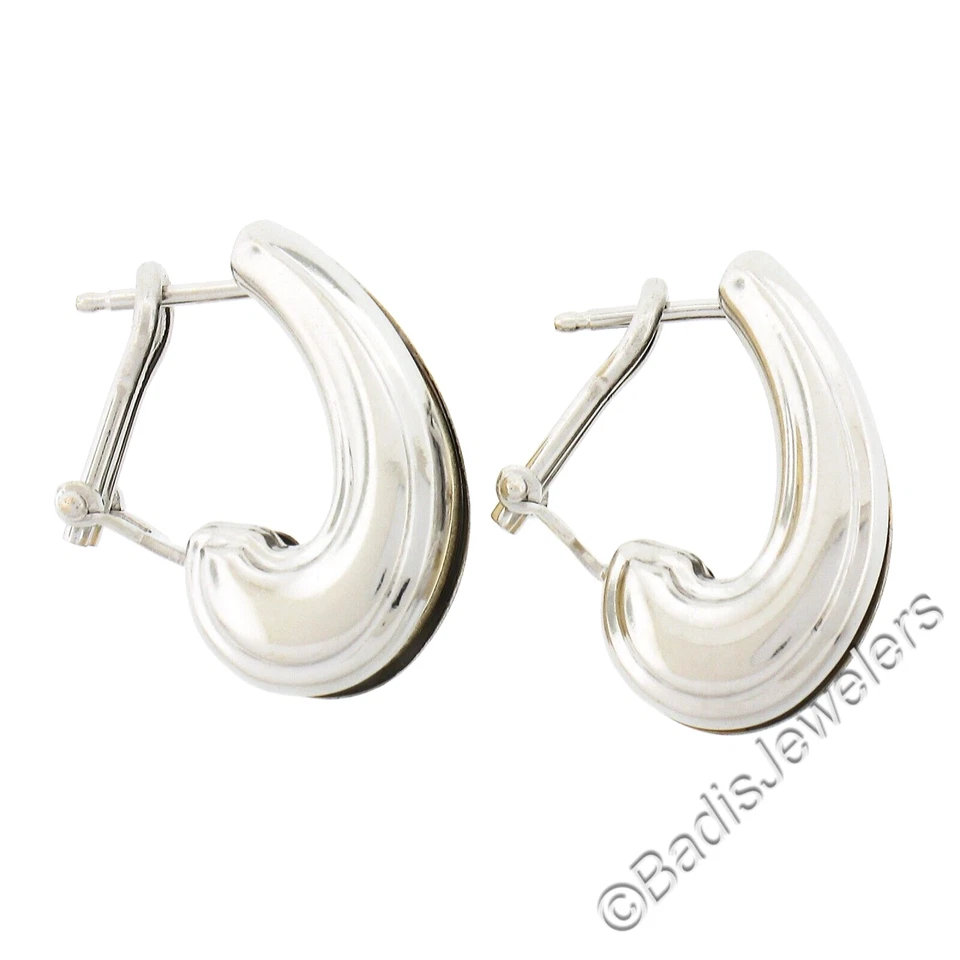 Solid 18K Yellow & White Gold Textured Polished Grooved Cuff Omega Earrings - Image 4 of 4