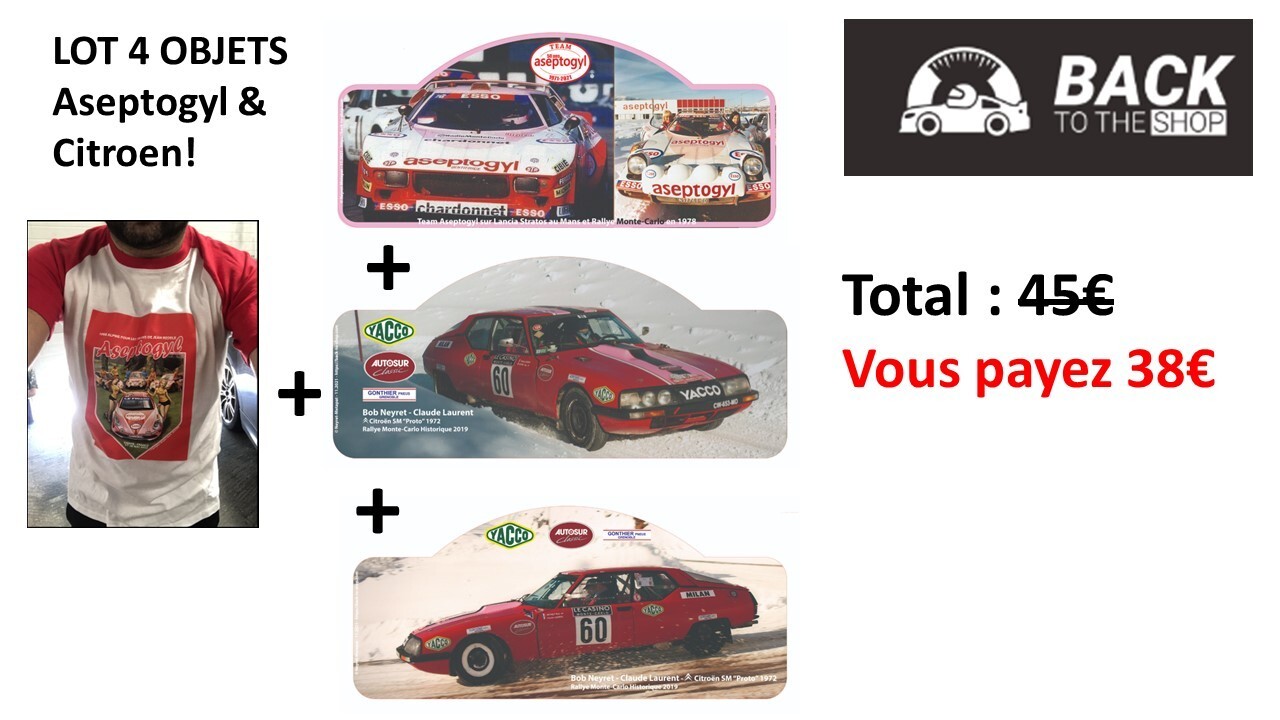 Plaque Citroën Bob Neyret et T-shirt Team Aseptogyl en coton blanc pour passionnés de rallye