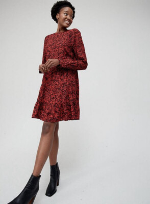 V By Very Tiered Mini Dress Long Sleeve  - Black Red Floral Flower UK Size 10