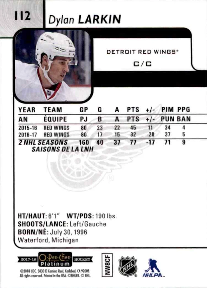 2017-18 O-Pee-Chee Platinum Dylan Larkin #112 - Image 2 of 2