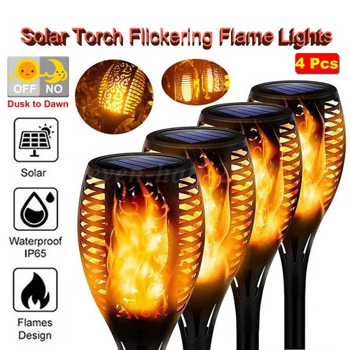4 Pack LED Solar Flame Torch Lights Outdoor Flickering Garden Yard Pathway Lamps