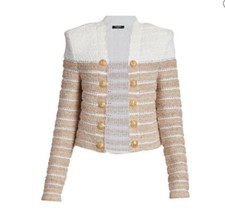 New 2795 Balmain Striped Metallic Tweed Jacket Beige/Multi 44/12 France