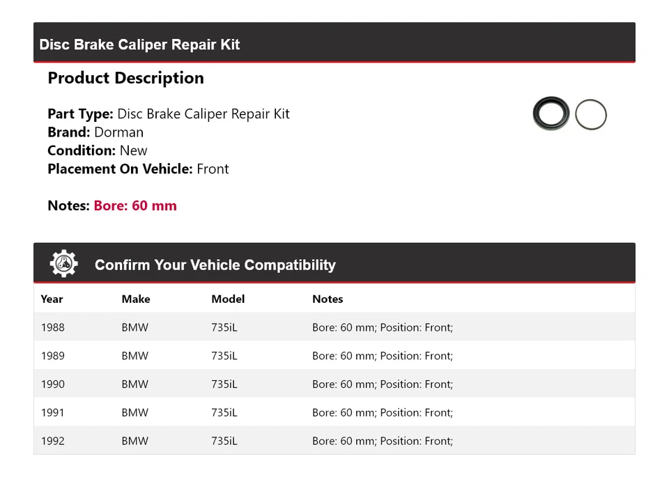 Kit de reparación de pinza de freno de disco delantera para BMW 735iL Dorman 1988-1992 1989 1990 Foto 2 de 4