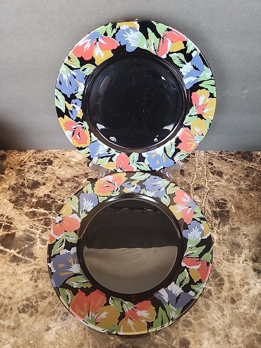 Set Of Arcoroc France Black Glass Flower Dinner Plates Floral
