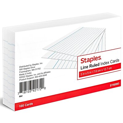 Staples 3'' x 5'' Line Ruled White Index Cards 100/Pack (50993) TR50993