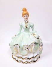 NEW WHITE,PORCELAIN MINT GREEN BLOND DOLL,LADY'S FIGURINE MUSIC BOX