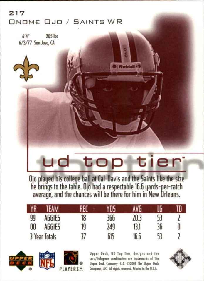 2001 Upper Deck Top Tier #217 Onome Ojo RC /2500 - NM-MT - Image 2 of 2