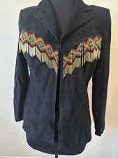 vintage black suede jacket with beaded fringe trim sz 12 southwest style