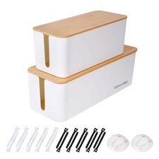 Cable Management Box 2 16.0 x 6.2 x 5.3 Inches, White And Natural Bamboo