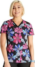 Cherokee Scrubs Top Women's M Medium V-Neck Black Print Floral Flashback