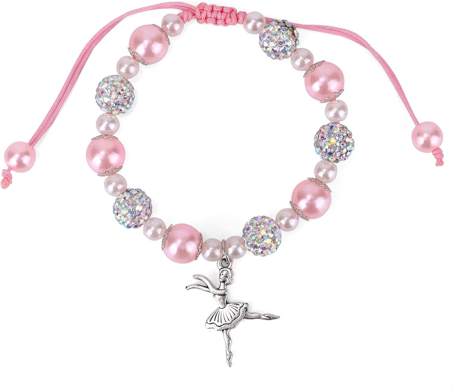Dance Bracelet for Women, Pink White Sparkly Pearl Ballerina Charm Friendship Br