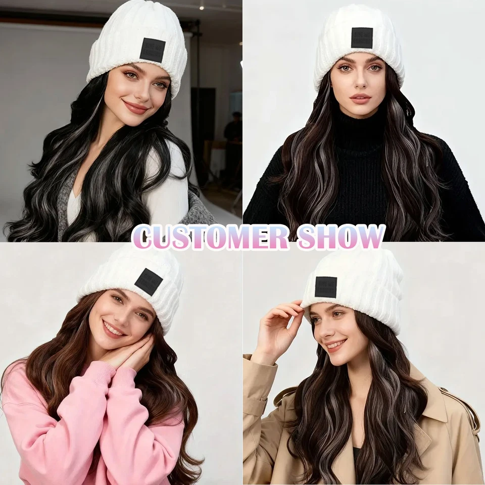 Peluca gorro 18 pulgadas con pelo largo ondulado gris invierno tejido sombrero cálido EE. UU. Foto 3 de 4