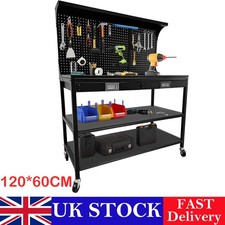 3-Tier Workbench Workshop Garage Steel Storage Tool DIY Table W/Pegboard Drawers