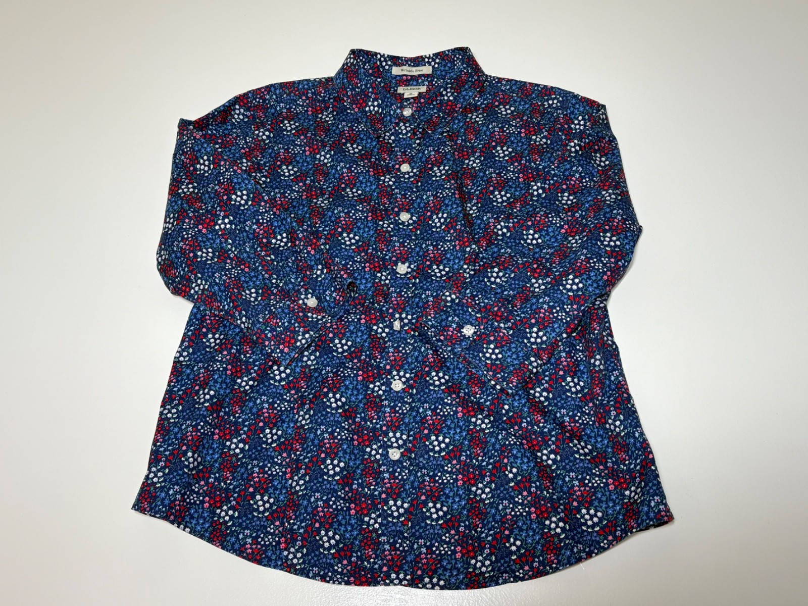 LLBean Button Down Womens Medium Blue Floral 3/4 … - image 1