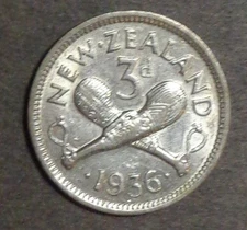 new zealand 1936 3 Pence Silver Coin Nice XF/AU Condition