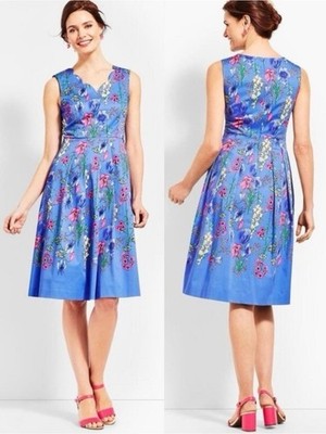 RSVP by Talbots Dress Sz 6 Blue Floral Scalloped Neck Pockets Stretch Midi