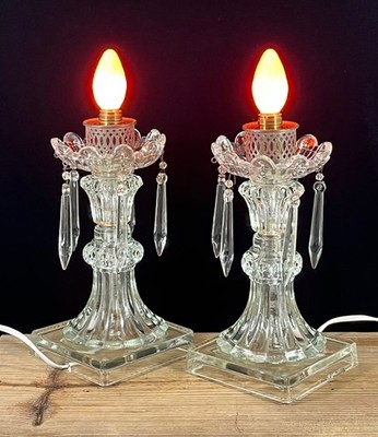 Vintage MCM 1940s-1950s Cut Glass Crystal Hollywood Regency Boudoir Table Lamps