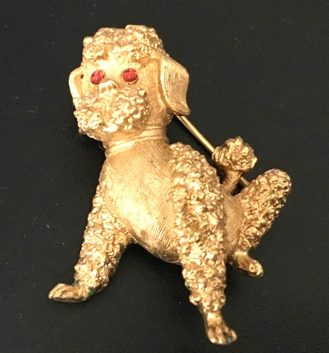 Vintage Brooch Pin SIGNED TRIFARI Poodle Dog Rhinestone Gold tone Jewelry lot x