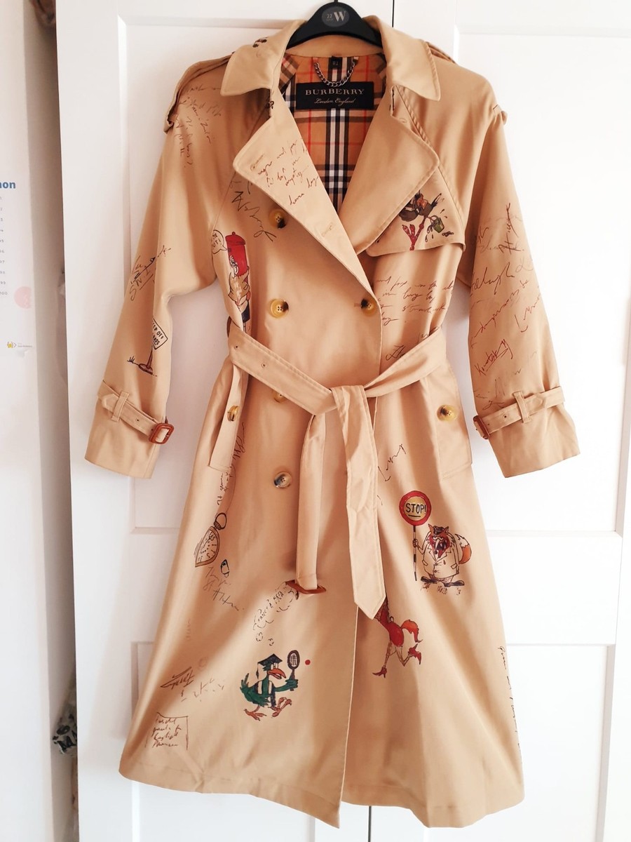 Burberry Women's Honey Beige Graffiti Sketch Print Cotton Trench Coat UK  6/8/10
