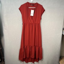Zara Womens Medium Rust Red Midi Dress w/ Ruffled Hem Elastic Waist & Cap Sleeve