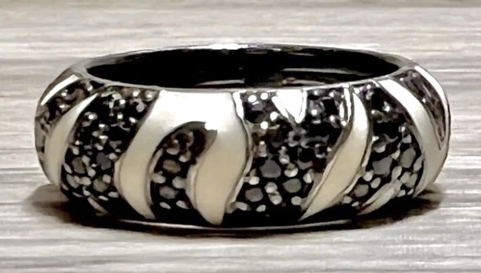 Designer Hidalgo Sterling Silver & White Enamel Black Pave CZ Band Ring, Size 5 - Image 3 of 4