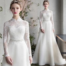 Simple Floor-Length A-Line Wedding Dress Long Sleeve Banquet Dress White