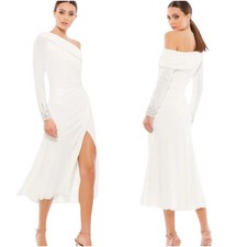 Mac Duggal Foldover Long Sleeve Jewel Accent Cuff Midi Dress Size 4 White GUC