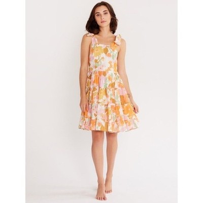 MILLIE Orange Floral Tie Shoulder 100% Cotton Square Neckline Kiara Dress sz XL