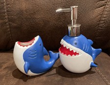 Blue Shark Soap Dispenser And Toothbrush Holder. NWT