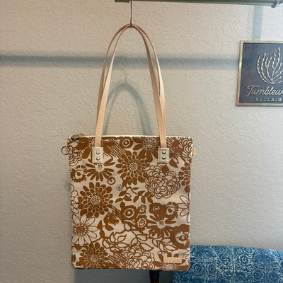 Erin Flett Floral Canvas Tote Bag Ochre Yellow Leather Straps Hand Printed USA