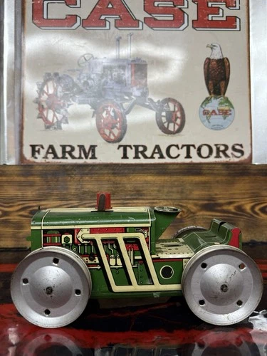 Vtg Marx Tin Litho Toy Tractor Wind Up W/ Farmer Runs Missing Tracks As Is
